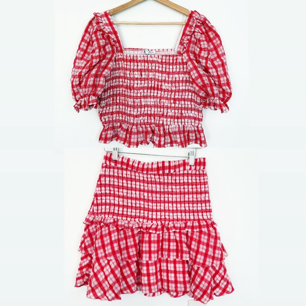 Tuckernuck || English Factory Smocked Top + Ruffled Mini Skirt Set Red Check M - Picture 2 of 9